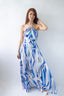 Blue Printed Satin Maxi Dress